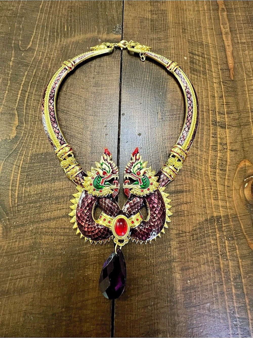 Thai Naga Double Dragon Statement Collar Necklace Dragon Pendant Necklace